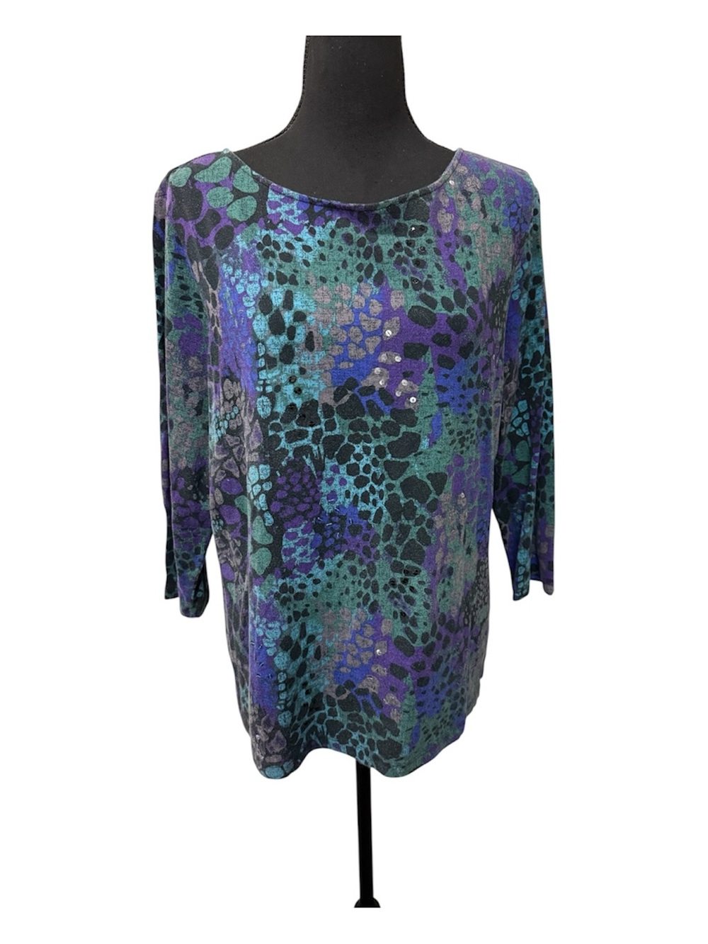 Ruby Rd XL Blue Purple Animal Print Embellished Stretch Top Boho Chic Style